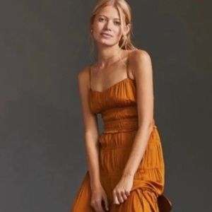 NWOT Anthropologie Ruched Tiered Sleeveless Midi Slip Dress Gold Size 6